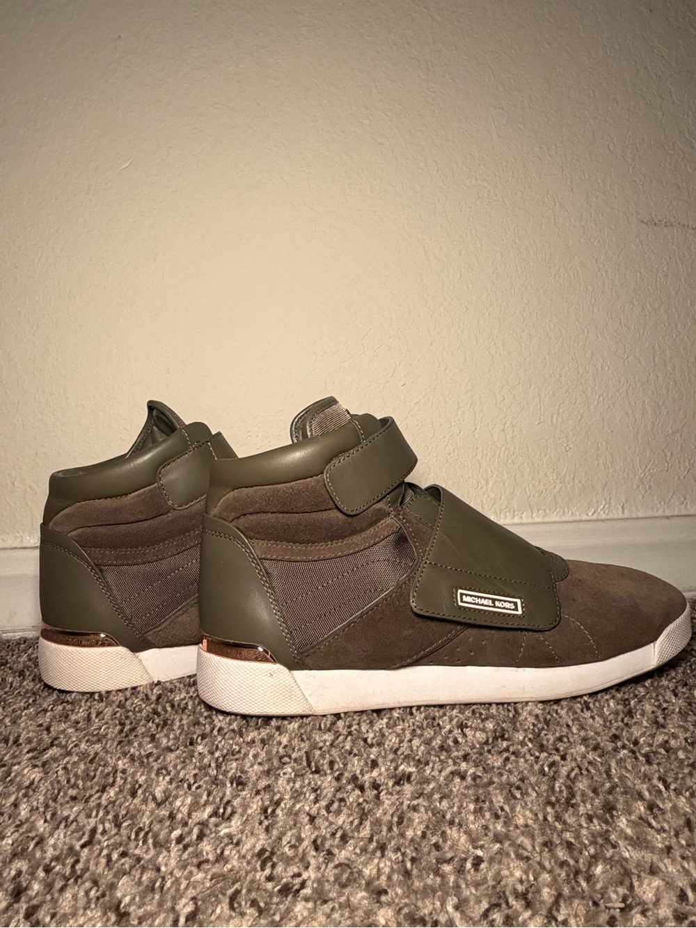 Michael Kors Addie Olive Green Suede Leather High Top Wedge Sneakers Size 10